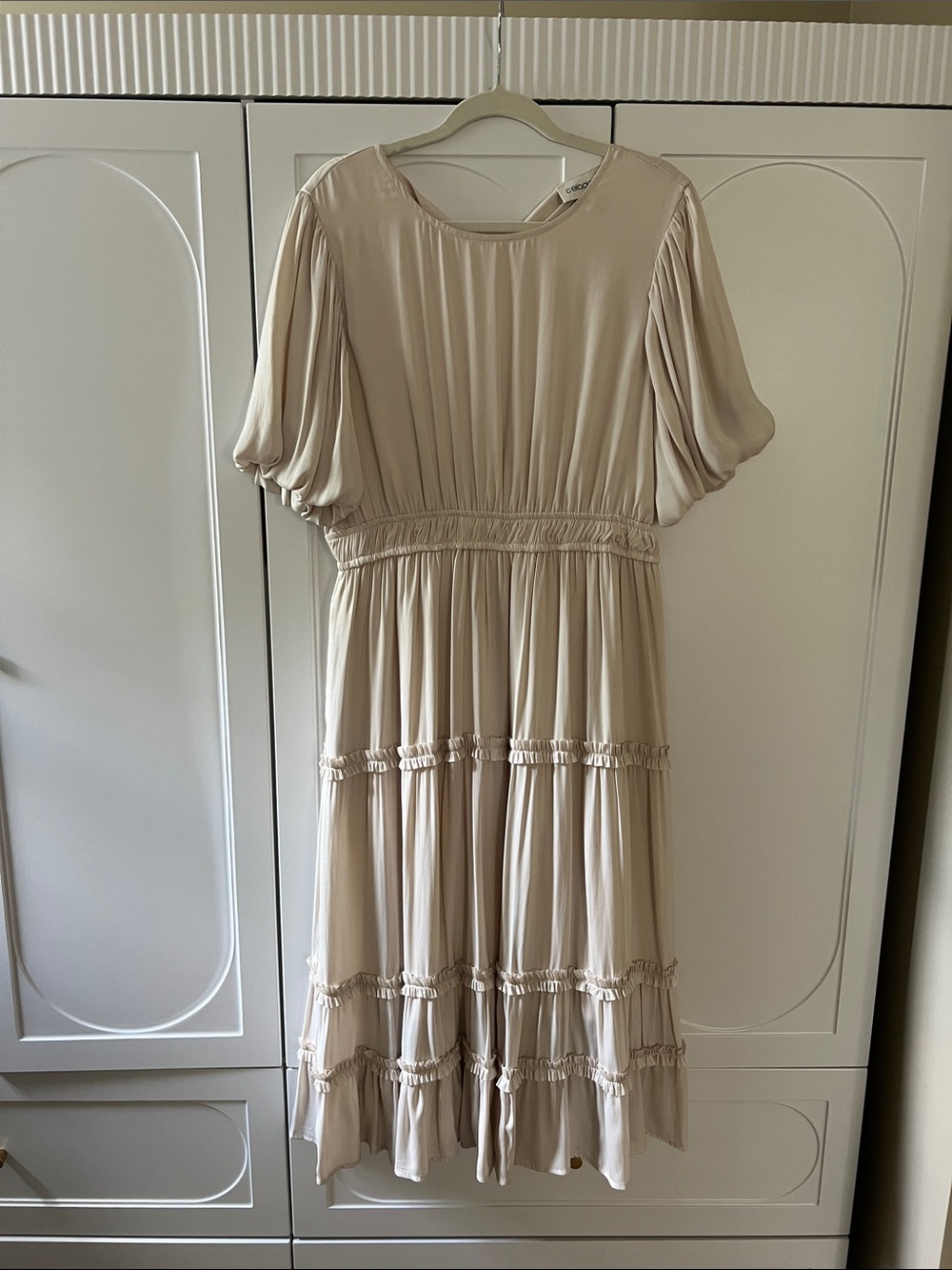 Cream Tiered Midi Dress with Puff Sleeves
